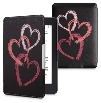 Produktbild von kwmobile Schutzhülle für Amazon Kindle Paperwhite Hülle - eReader Flip Case mit Auto Sleep Funktion - Pinsel Herzen mit Altrosa Rosa Schwarz