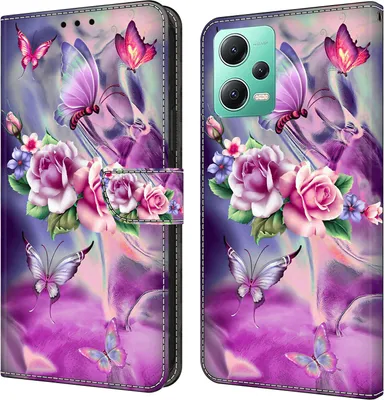 Produktbild von CLM-Tech Hülle kompatibel mit Xiaomi Redmi Note 12 5G - Tasche aus Kunstleder - Klapphülle mit Ständer und Kartenfächern, lila Blumen Schmetterlinge