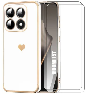 Image de Coque + 2 Verres Trempés pour Xiaomi 15T, Protection Silicone Motif Cœur Antichoc Anti-Rayure Souple Blanc