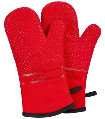 Immagine prodotto di Guanti da forno resistenti al calore fino a 300°C, antiscivolo, di colore rosso, extra lunghi (32 cm), con fodera in cotone