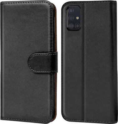 A black flip case for a Samsung Galaxy A71 phone, shown from the front and back.