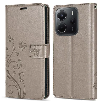 A flip-style phone case with a floral design is shown, with the phone inside on the right.