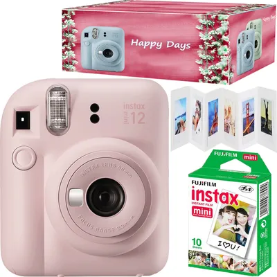 Produktbild von Set Instantkamera Fujifilm Instax Mini 12, Blossom Pink, mit 10 Filmen, Akkordeonrahmen und Happy Days-Box