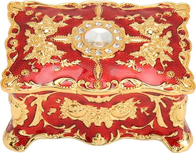 Zdjęcie produktu dla Pudełko na biżuterię Vintage, Mini Europejski Styl, Antyczny Metalowy Emaliowany Naszyjnik Pierścionek Kolczyk Organizer, Złoto Czerwony