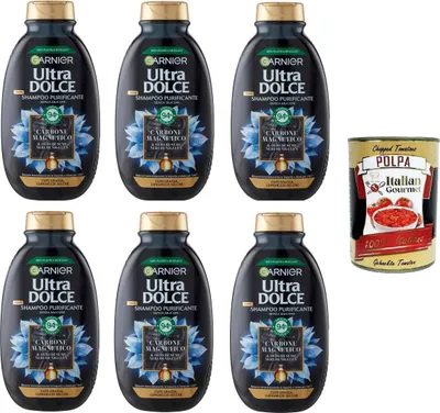 Produktbild von G. Ultra Dolce Shampoo Purificante e Idratante Carbone Magnetico, Reinigendes und feuchtigkeitsspendendes magnetisches Aktivkohle-Shampoo, 6x250 ml+ Italian Gourmet polpa 400g