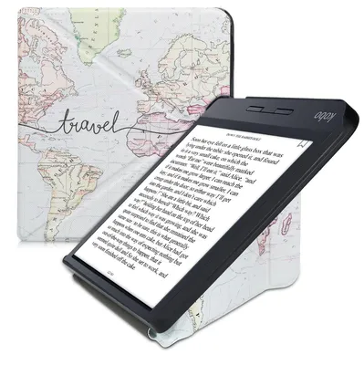 Produktbild von kwmobile Kunstleder eReader Schutzhülle für Kobo Libra H2O Hülle - Falt Cover für E-Reader in Schwarz Mehrfarbig - Travel Schriftzug