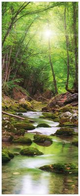 Wallario Wandbild aus Acryl, 125 x 50 cm, freischwebende Optik - Fluss im Wald