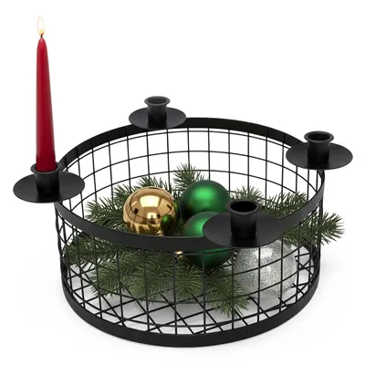 Produktbild von 2.03 Metall Adventskranz mit Gitter Korb in schwarz - für 4 Stabkerzen - Größe: 33 cm (groß)