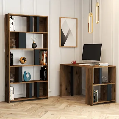 Produktbild von Skye Decor, Lima - Walnut, Anthracite, Schreibtisch und Bücherregal, Nussbaum, 100 % MELAMINBESCHICHTETE SPANPLATTEN, 120 x 60 x 75,4 cm