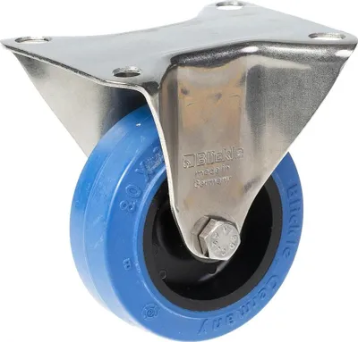 Produktbild von 80-mm-Edelstahl-Starrlaufrolle mit blauem Elastikgummi auf Nylon-Mittelrad