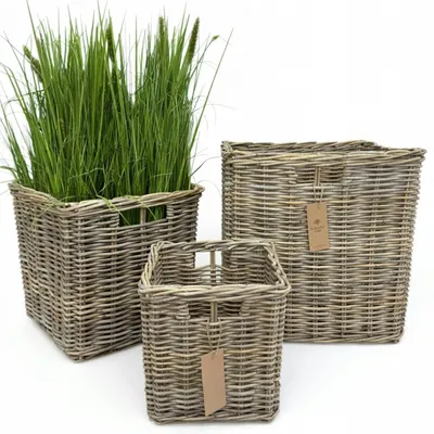 Image de Panier en rotin lot de 3 Kubu gris carré avec film – cache-pot et panier de rangement | FIORE Solani Home