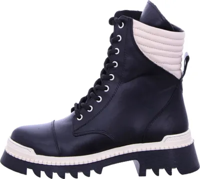 A black and beige lace-up boot is shown against a white background.