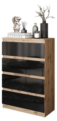 Produktbild von Hohe Kommode Gabriel 4 Schubladen – Eiche Wotan / Schwarz Hochglanz 92 cm, modern und praktisch