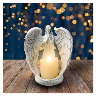 Produktbild von Engelsfigur Kerzenhalter mit Kerze, 21,0 x 22,0 cm, Deko Engel Figuren, Grabdeko, Teelicht Kerzenhalter für Tischdekoration Geschenke