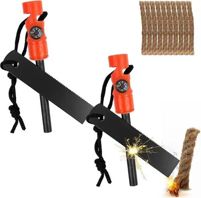 Productafbeelding van Set van 2 vuurstenen set, survivalvuursteen, vuurstarter van vuursteen met houten handvat, voor kamperen, survival, bushcraft, wandelen