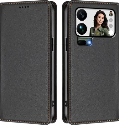 Image de Etui en cuir pour Xiaomi 17 Pro Max, étui magnétique en cuirPolyuréthaneavec support Noir