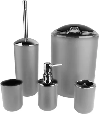 Immagine prodotto di Set di accessori da bagno, 6 pezzi, grigio, composto da: dispenser per sapone, portascopino, cestino, ideale per il bagno