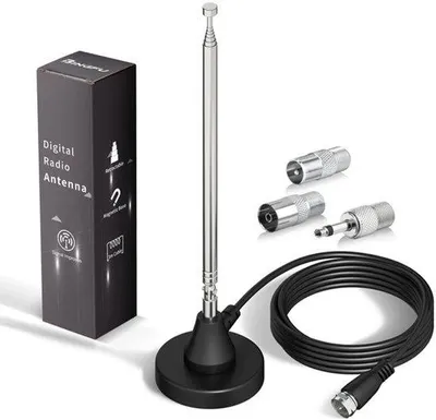Obrázek produktu pro DAB FM rádiová anténa, vnitřní, digitální, teleskopická, s magnetickou základnou, prodlužovací kabel 3 metry, pro 75 Ohm, pro DAB+FM rádio, domácí stereo, AV audio video, domácí kino