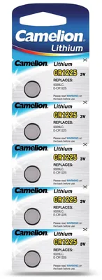 A blister pack of Camelion Lithium CR1225 button cell batteries.
