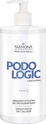 A white bottle of Farmona Podologic Lipid System cream patch on calluses.