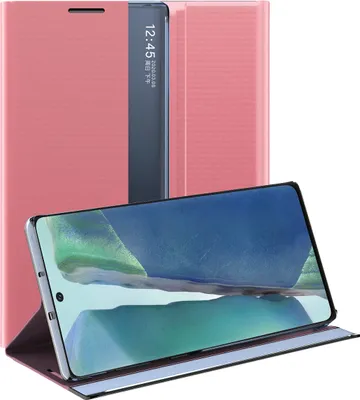 A pink flip case for a Samsung Galaxy Note 20 is shown open, with the phone inside displaying its screen.