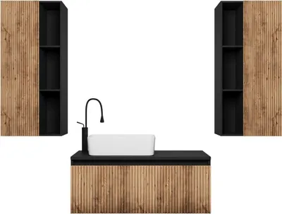 Produktbild von Easy4You Matt Schwarz/Eiche Unterschrank WOTA 100 cm mit Schublade + 2x Hängeschrank 45x100 cm Badschrank Badezimmerschrank