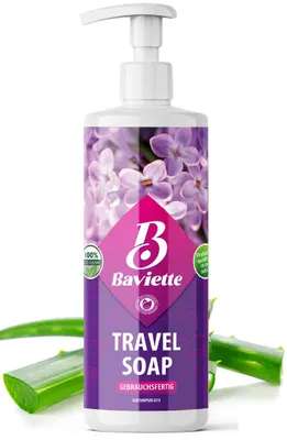 Produktbild von BAVIETTE Eco Travel Soap 500 ml – kompakte Reise-Seife mit Mikroorganismen für Hände, Geschirr & Wäsche unterwegs