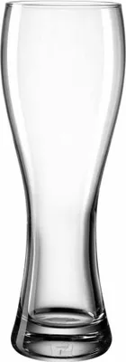 A clear glass beer glass is shown against a white background.
