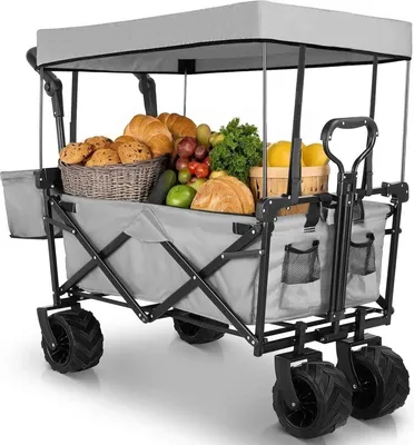 Produktbild von Vielseitiger Bollerwagen mit Tarnmuster – Offroad-Räder – Tragfähigkeit: 115 kg – Abnehmbares Verdeck – Faltbarer Gartenwagen, Schub- und Zugwagen – Ideal für Angler und für Picknicks
