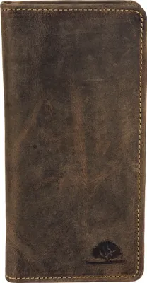 A close-up, top-down view of a brown leather wallet.