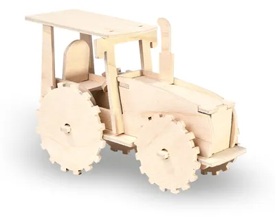 A wooden toy tractor is shown against a white background.