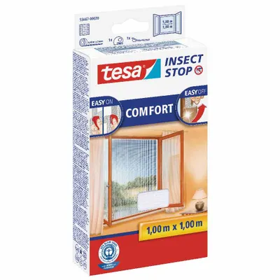 Produktbild von tesa Insect Stop Comfort Fliegengitter für Fenster - Insektenschutz mit Klettband selbstklebend - Fliegen Netz ohne Bohren - 100 cm x 100 cm - Weiß (Leichter Sichtschutz)