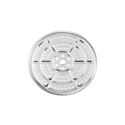 A top-down view of a stainless steel steamer insert.