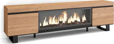 A modern TV cabinet with a built-in electric fireplace.