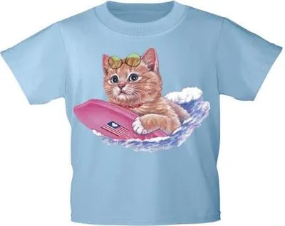 Produktbild von Kinder T-Shirt mit Print Cat Katze auf Surfbrett KA074/1 Gr. 122-164 Color - hellblau Größe - 152/164