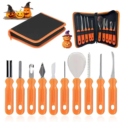 Kürbis-Schnitzset, 10-teilig, orange-schwarz, Etui 22x15 cm