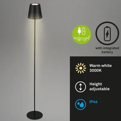A black floor lamp with a white light emitting from its shade, set against a plain gray background. Various product feature icons and text are displayed to the right of the lamp.