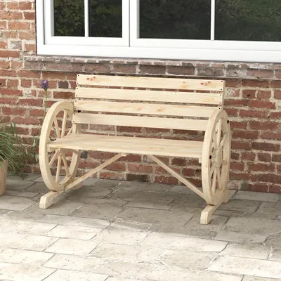 Produktbild von Gartenbank 2-Sitzer Wagenrad-Design, Landhaus Holzbank, massives Tannenholz, Naturholz | 105,5 x 56 x 79 cm | bis 240 kg | wetterfest