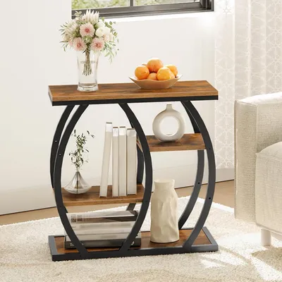 Image de Table d'appoint de style industriel, 4 niveaux, aspect bois vintage, métal, 60x30x67 cm