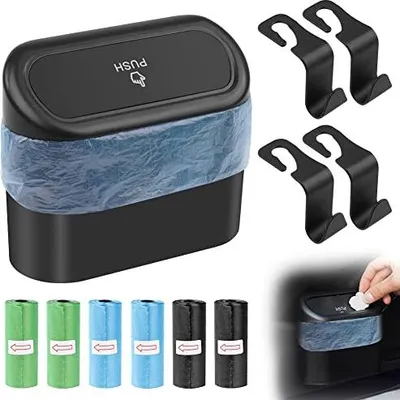 Produktbild von URAQT Auto-Mülleimer, Auto-Mülleimer mit Deckel, mit 90 Müllbeuteln und 4 Haken für Autositz, wasserdicht, hängender Autokorb für Zuhause, Büro, Küche, Wohnzimmer