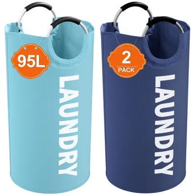 Image de Panier à linge pliable, 95 litres, avec poignées, bleu/bleu foncé