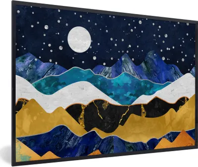 Produktbild von MuchoWow® Gerahmtes Poster Nacht - Gold - Marmor - Abstrakt - Landschaft - Berg 30x20 cm - Poster mit Schwarzem Bilderrahmen Wandposter Rahmen Foto Bilder - Kunstdruck - Bild-Poster