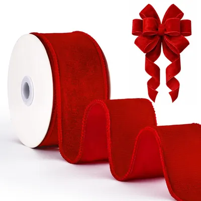 Samtband mit Drahtkante, rot, 6,3 cm x 9,1 m