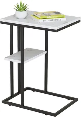 Produktbild von Unyqoos® C-förmiger Beistelltisch – weißes Marmorfinish & holzähnliche Optik, Ablage 30 x 40 cm, rutschfest, bis 15 kg