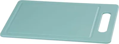 A teal cutting board with a handle is shown against a white background.