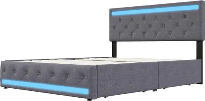 Obrázok produktu pre Postel s čalúneným rámom 180×200 cm – dvojlôžko s úložným priestorom a 4 zásuvkami – LED osvetlenie a USB nabíjací port – poťah z ľanu – tmavosivá farba