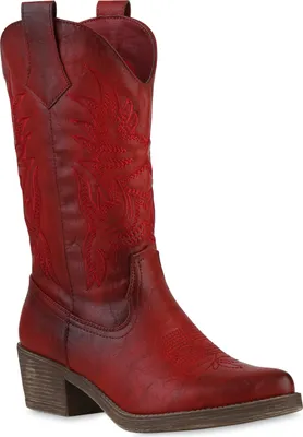 Produktbild von van-hill Damen Cowboystiefel, Rot, Gr. 36, spitz, mit Stickereien, aus Kunstleder und Stoff, ungefüttert, Trichterabsatz, Frühling/Herbst