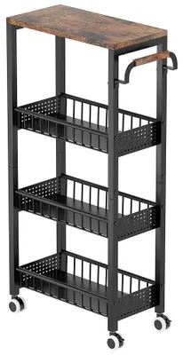 Immagine prodotto di Carrello portaoggetti a 3 ripiani, modello stretto, con ruote bloccabili, struttura in metallo, maniglia in legno e corrimano di sicurezza, colore nero