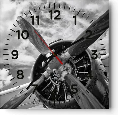 Produktbild von Wanduhr - Quadrat - Glasuhr - Motor Schwarzweiß Propeller - 30x30cm - Schleichendes Uhrwerk - Lautlos - zum Aufhängen bereit - Dekoration Modern - Wanddekoration aus Glas - C4AC30x30-4289