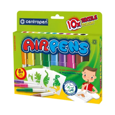 A product box for textile air pens with illustrations of dinosaurs and a child using the pens.
